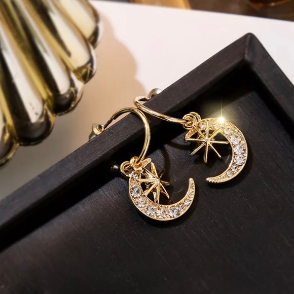Gold Rhinestone Moon & Star Dangle Earrings - Picture 5 of 6
